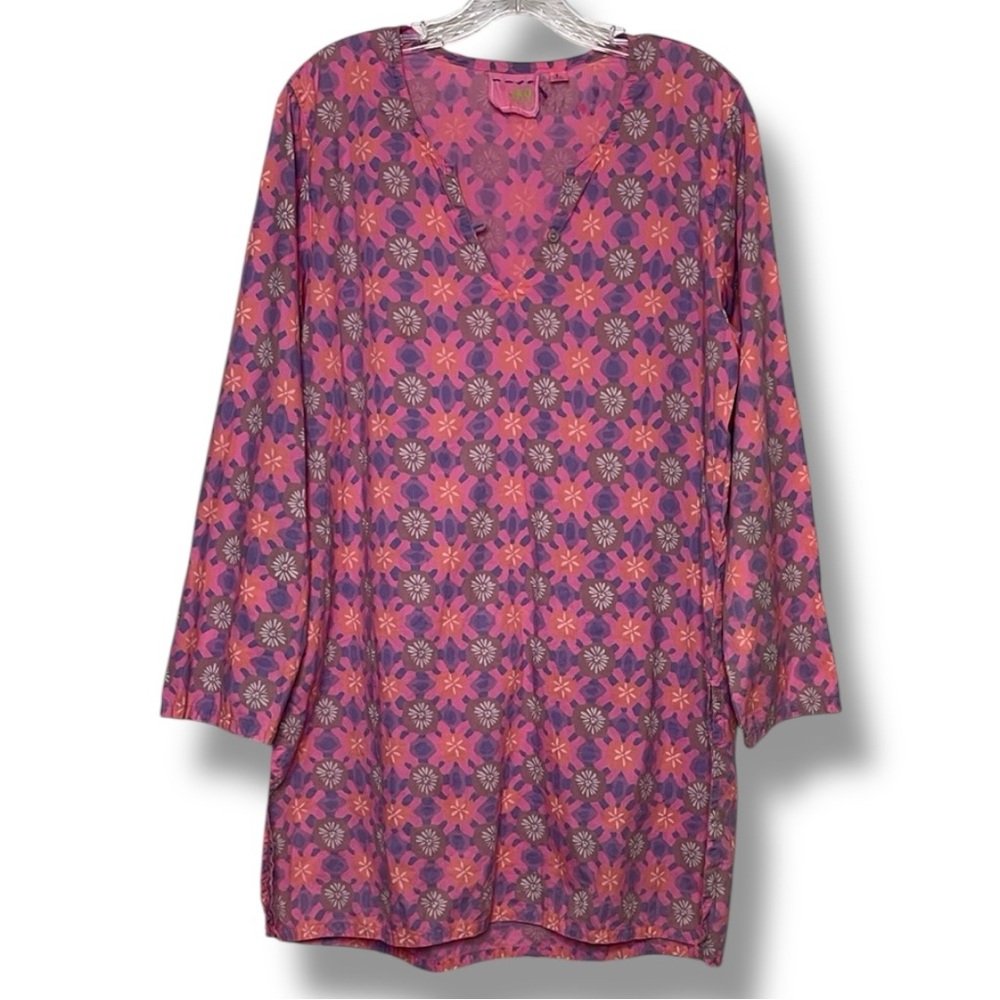 ME Mary Ellen Fresh Produce Multicolor Pink Abstract Floral Tunic Coverup Sz L